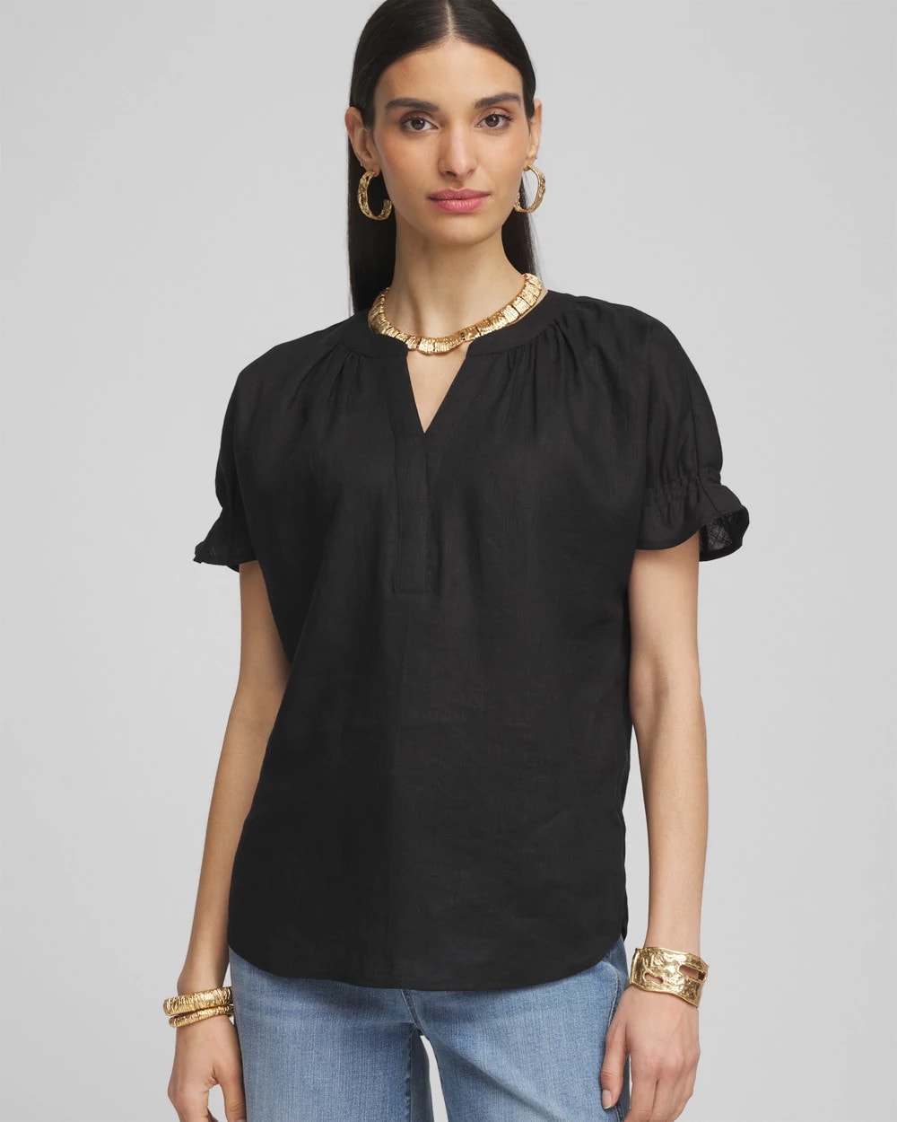 Linen Flutter-Sleeve Popover Top