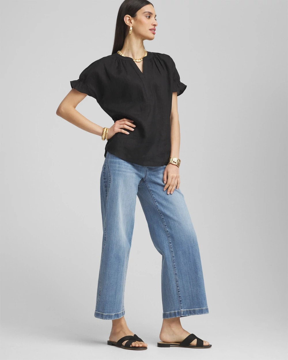 Linen Flutter-Sleeve Popover Top