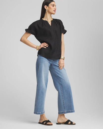 Linen Flutter-Sleeve Popover Top