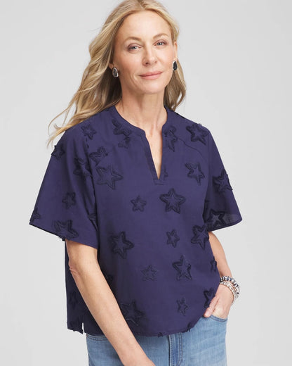 Embroidered Star Split Neck Blouse
