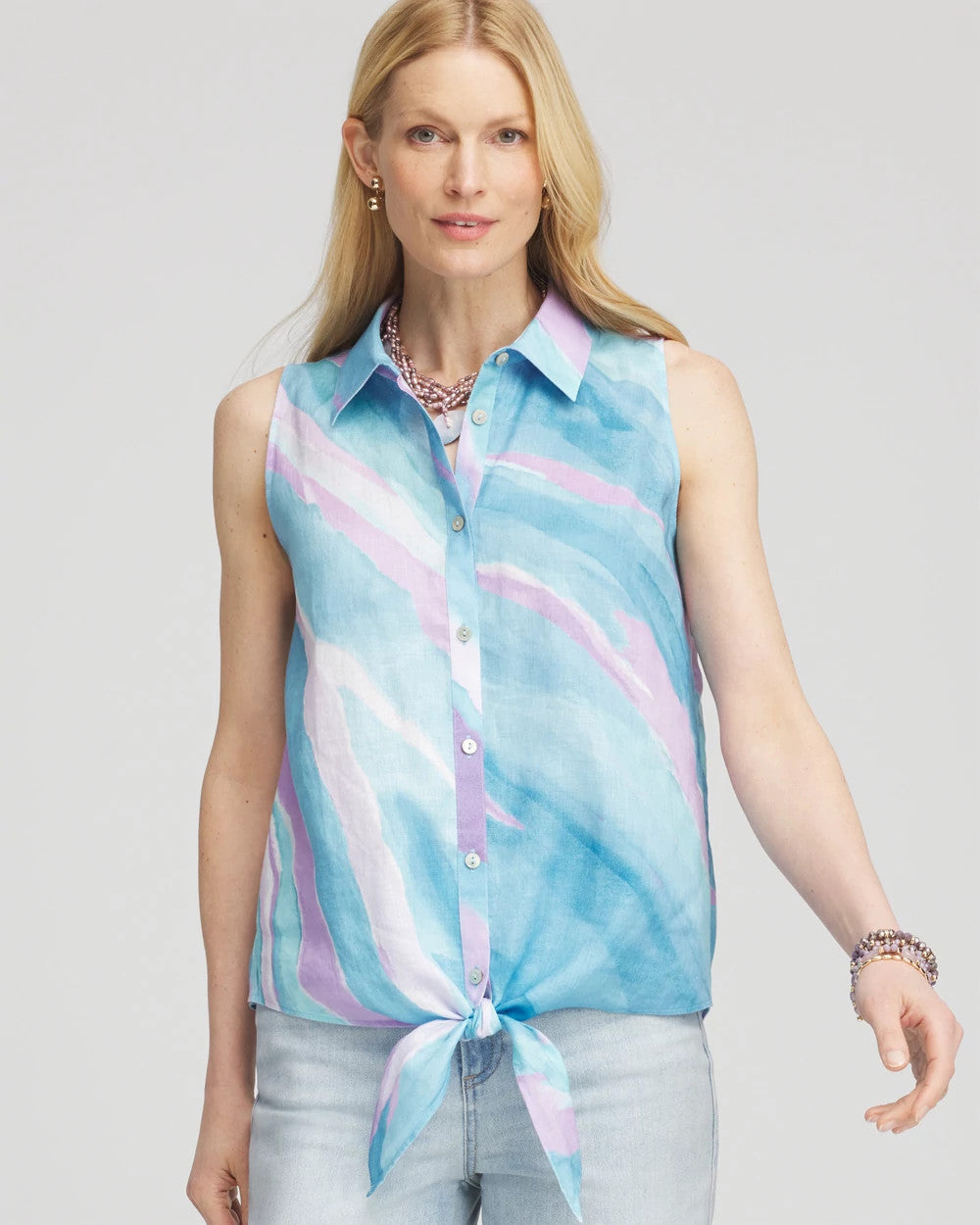 No Iron™ Linen Tie-Front Sleeveless Shirt
