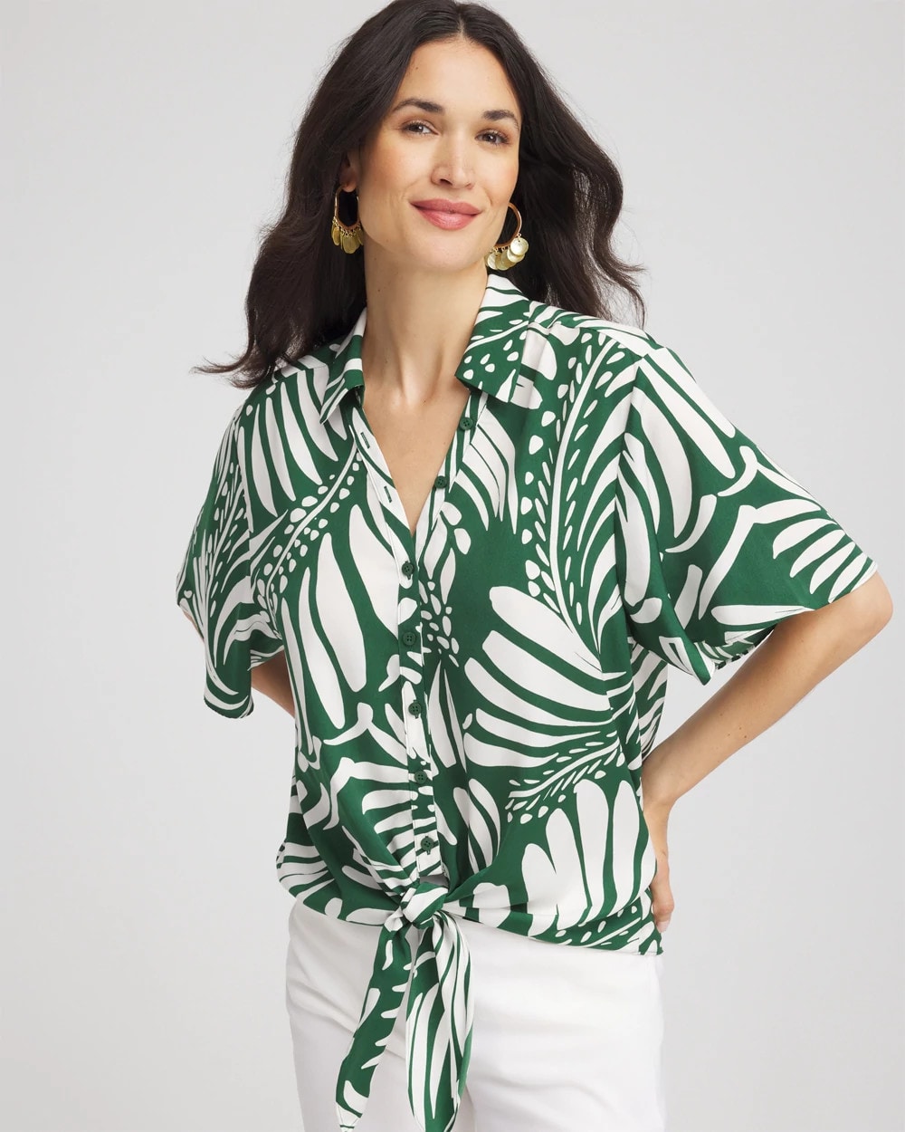 Palm Print Tie-Front Silky Top