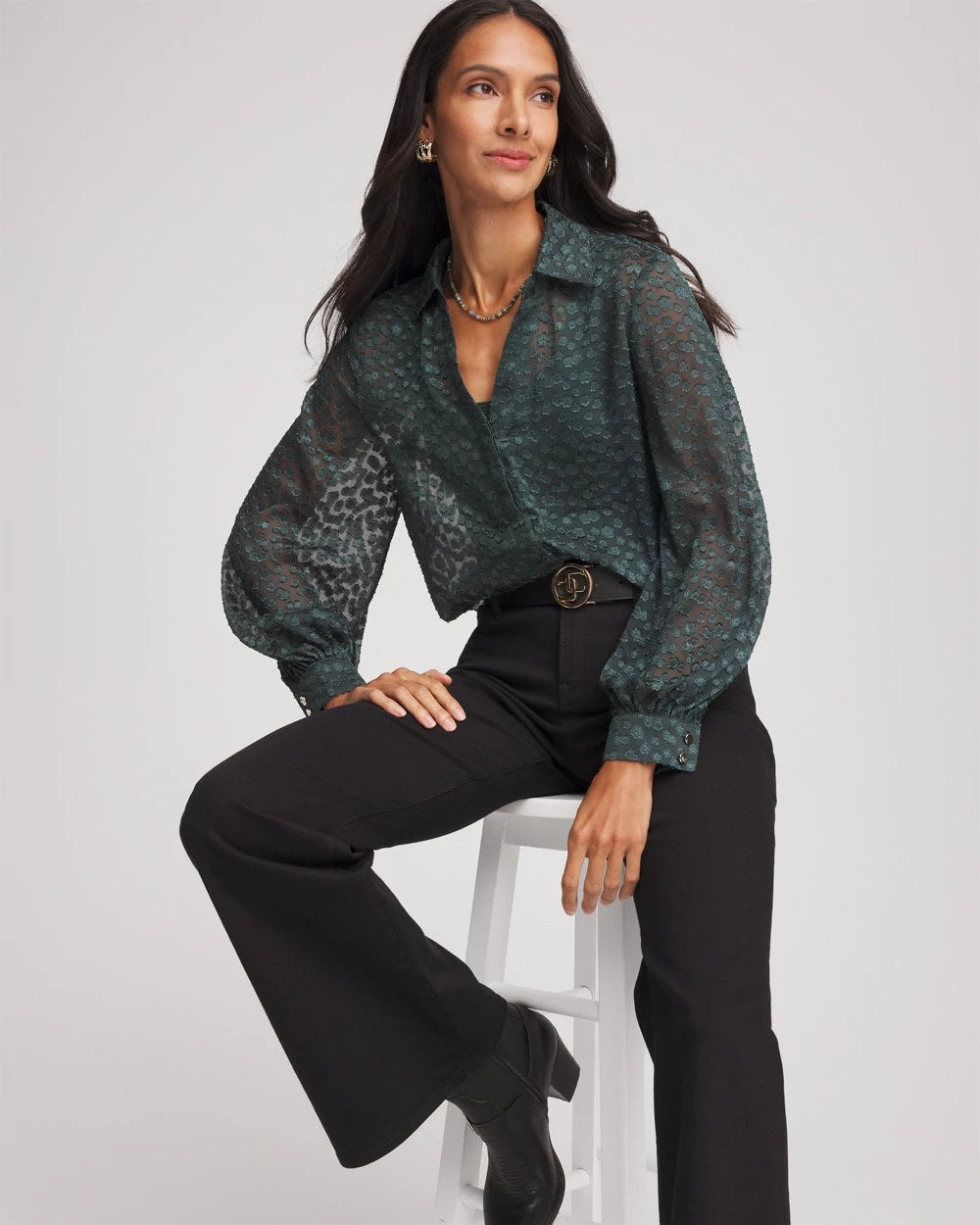 Clip-Dot Billow-Sleeve Blouse