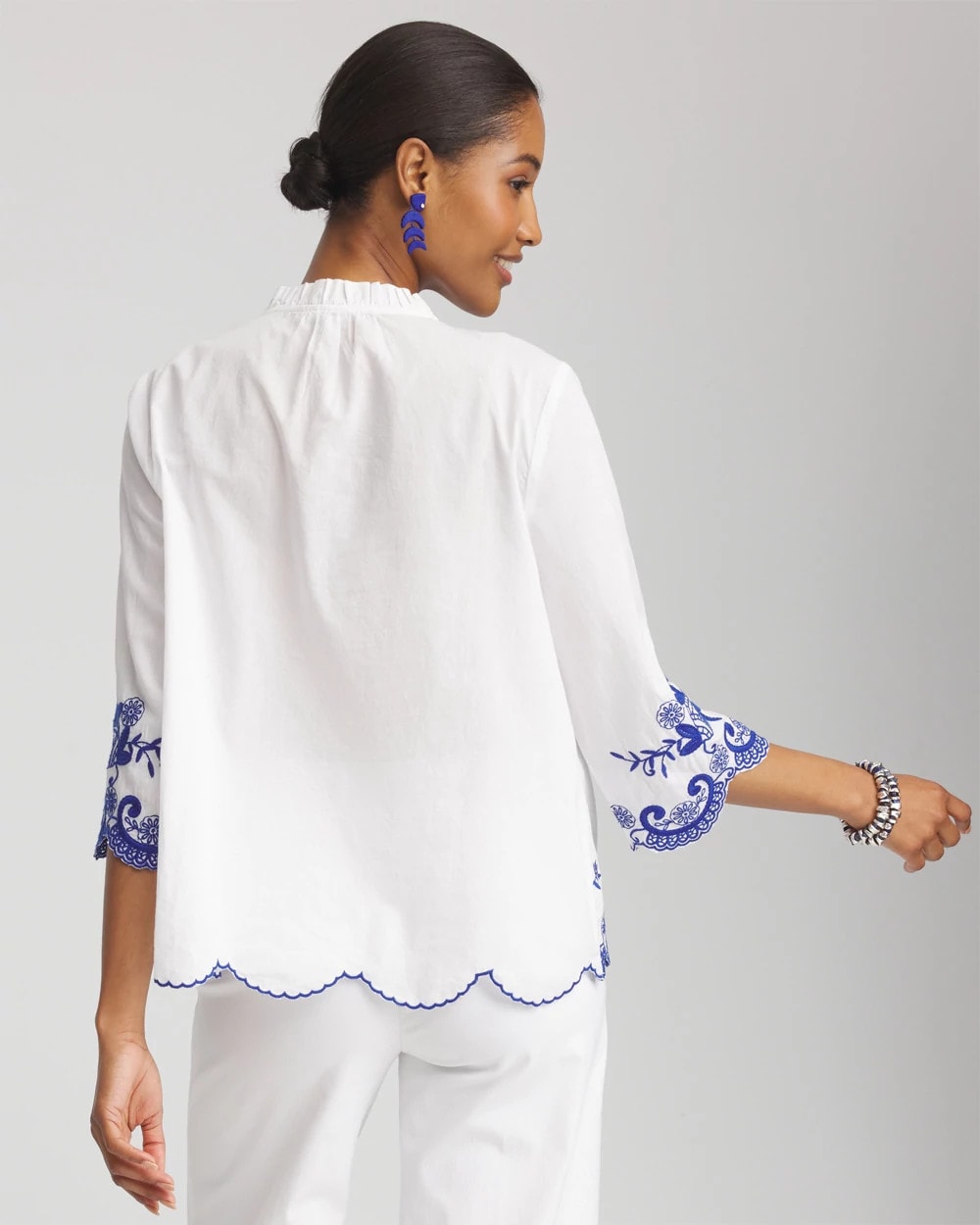 Embroidered Tassel Tie-Front Blouse