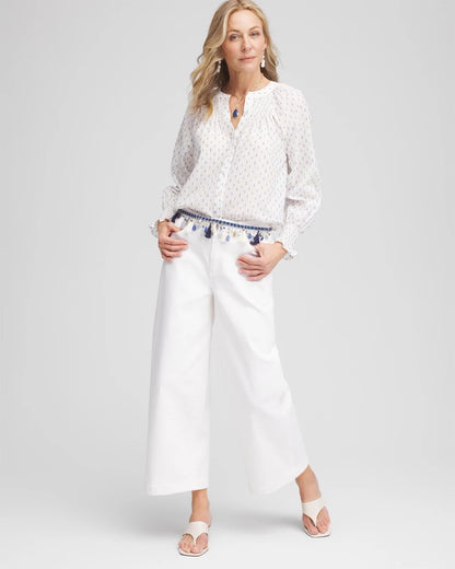 Smocked Split-neck Blouse
