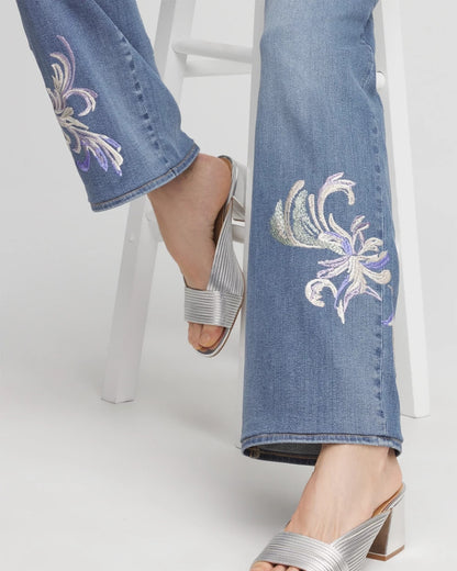 Embroidered Pull-On Wide-Leg Jeans