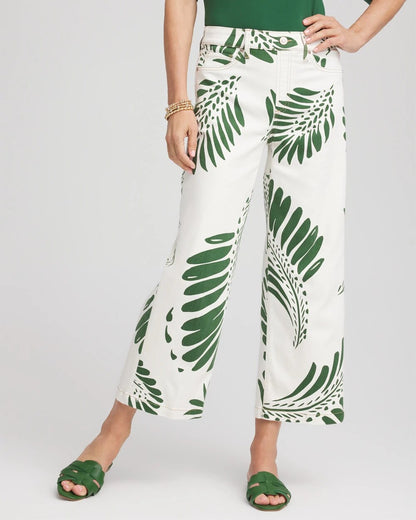 Palm-Frond-Motif Pull-On Wide-Leg Cropped Jeans