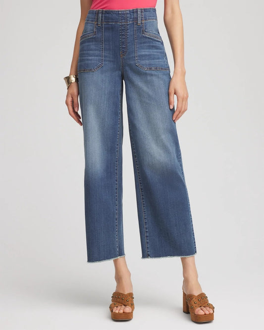 Pull-On Cropped Wide-Leg Frayed Jeans