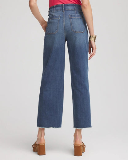 Pull-On Cropped Wide-Leg Frayed Jeans