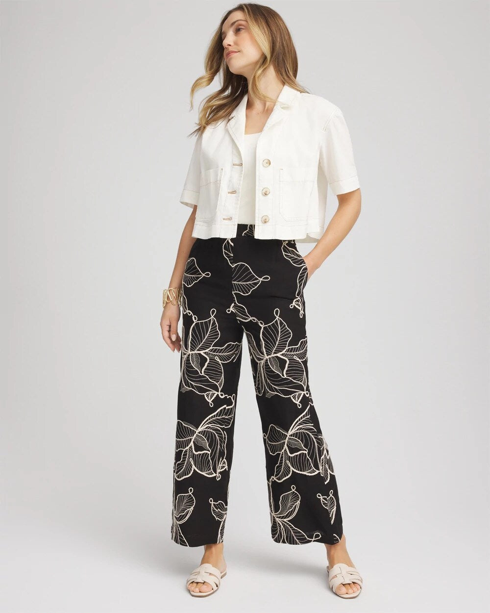 Embroidered Wide-Leg Cropped Pants