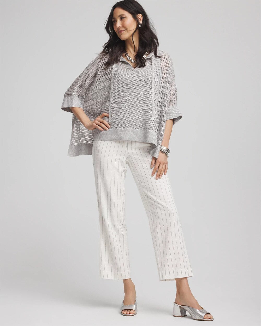 Metallic Striped Straight Cropped Pants