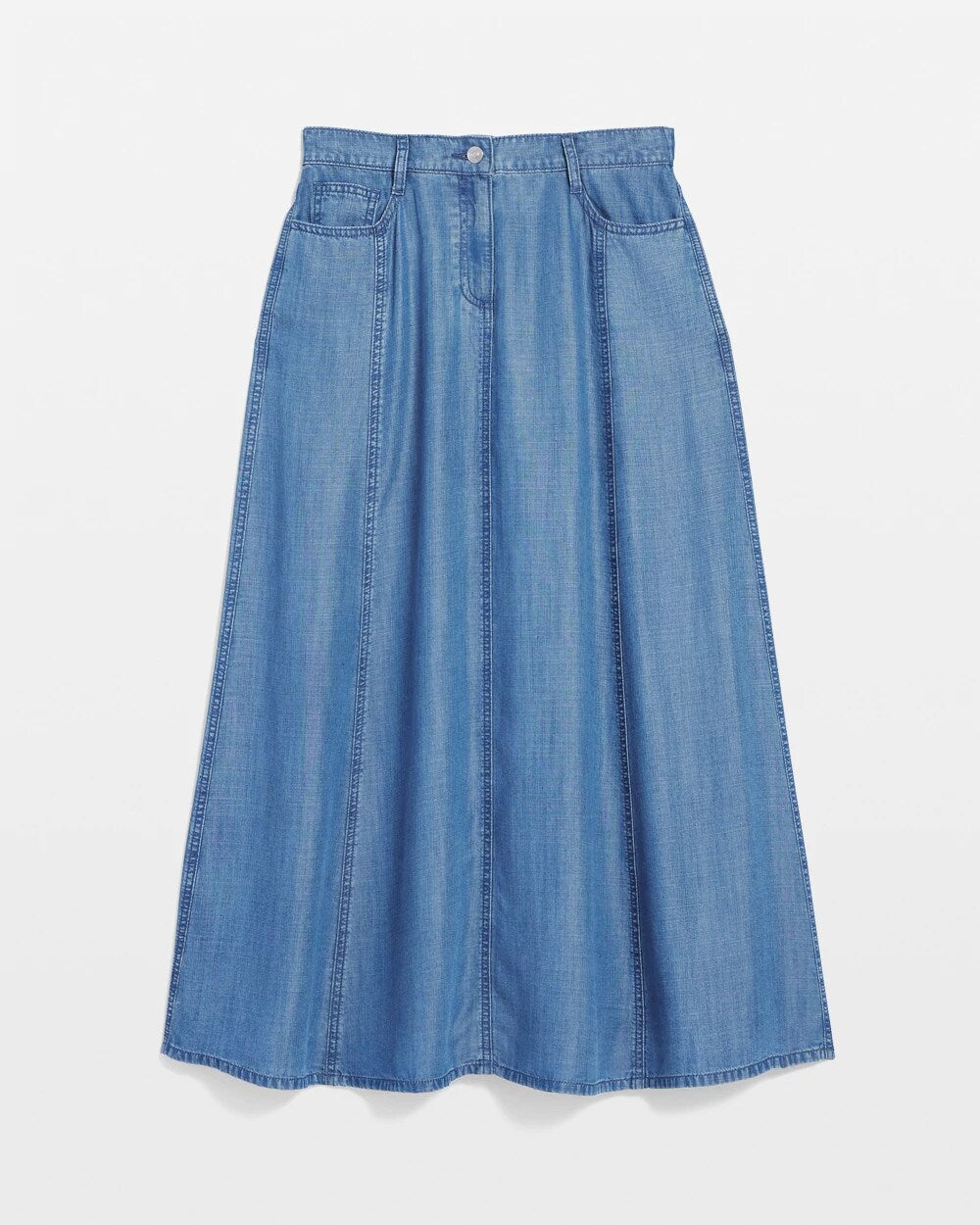Lightweight Denim Fly Front Midi Skirt