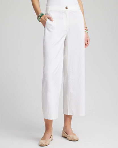 Ribbed Waist Linen Blend Straight-Leg Cropped Pants