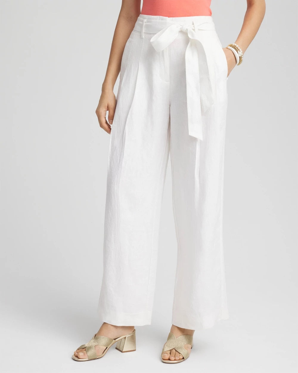 Belted Pleated Wide-Leg Linen Pants