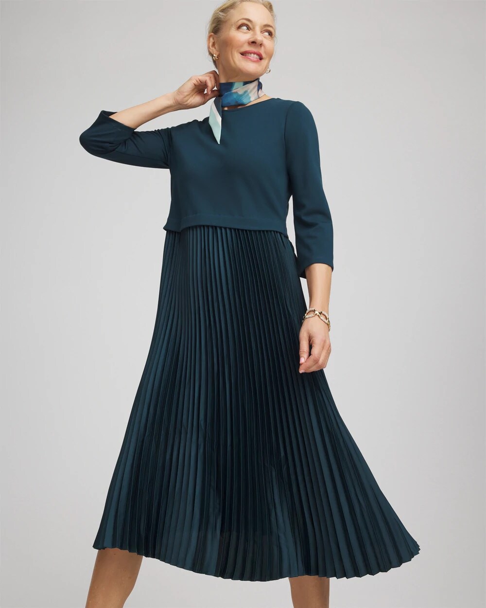 Satin-Knit Pleated Midi Dress