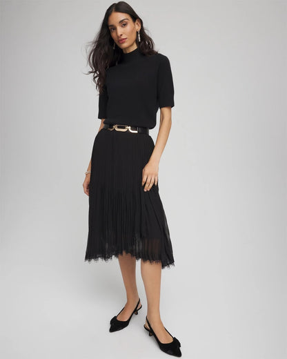 Pleated Lace Hem Midi Skirt