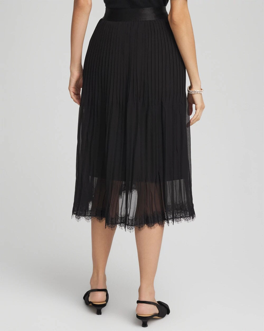 Pleated Lace Hem Midi Skirt