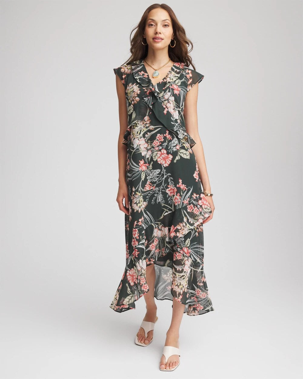 Floral Ruffle-Trim Chiffon Dress