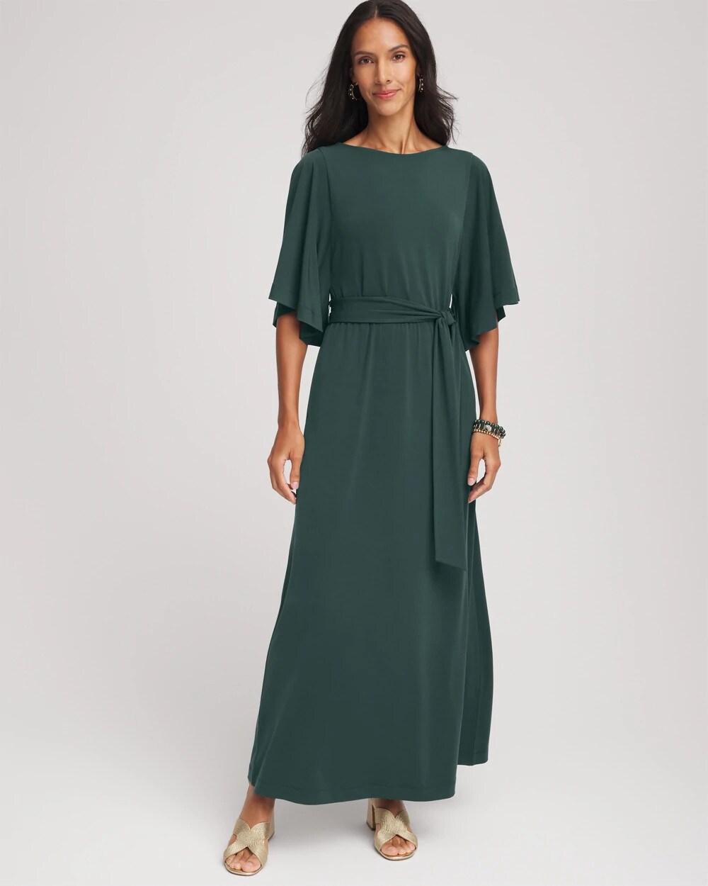 Belted Flutter-Sleeve Maxi Dress