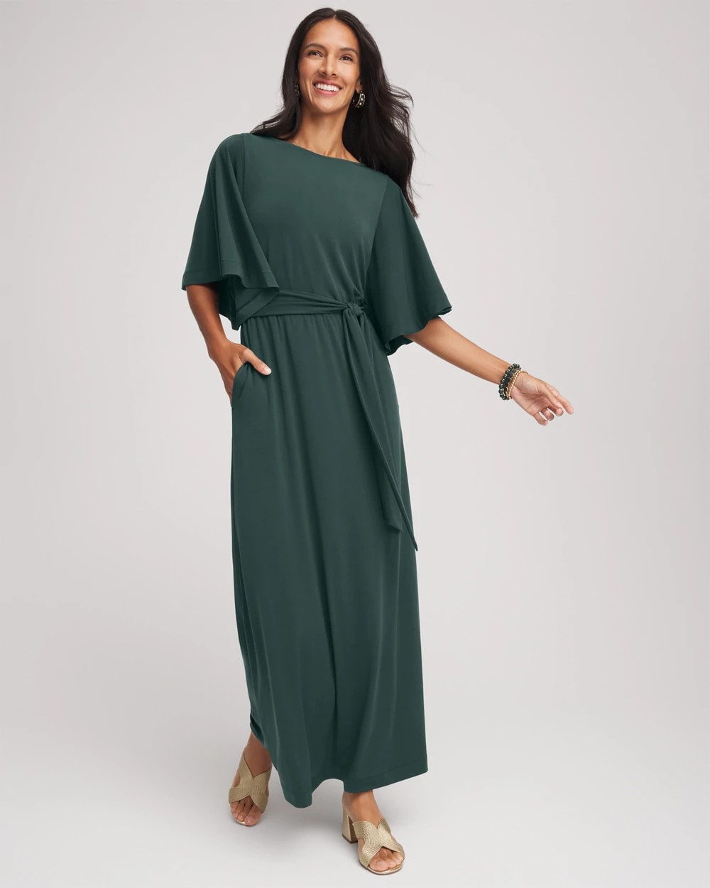 Belted Flutter-Sleeve Maxi Dress
