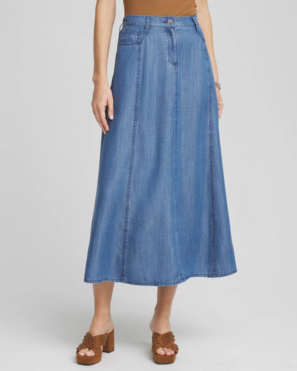 Lightweight Denim Fly Front Midi Skirt