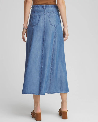 Lightweight Denim Fly Front Midi Skirt