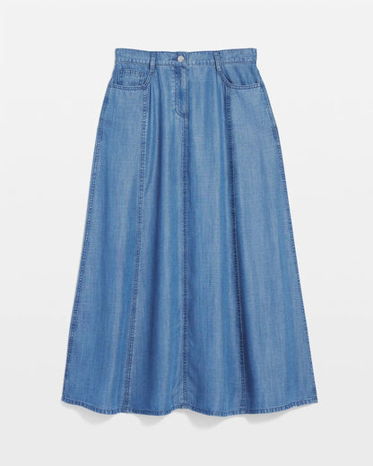 Lightweight Denim Fly Front Midi Skirt