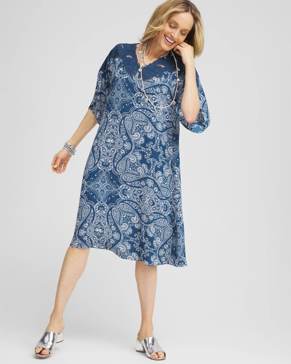 Crepe Lace-Neck Dress