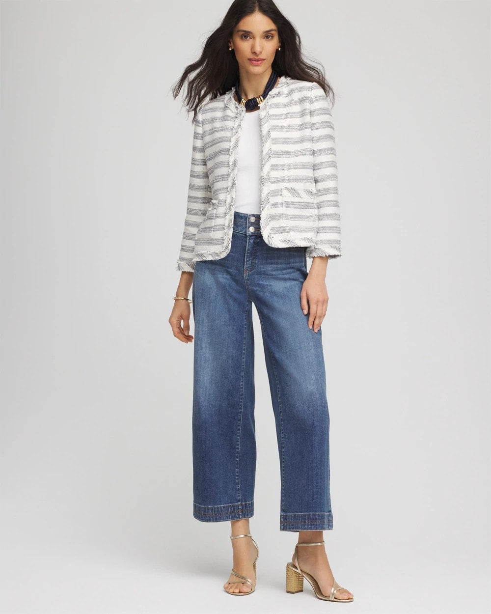 Striped Tweed Collarless Box Jacket