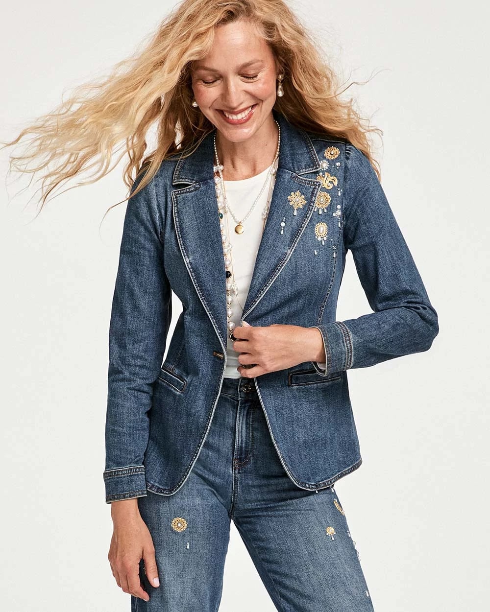 Pearl Brooch Denim Blazer