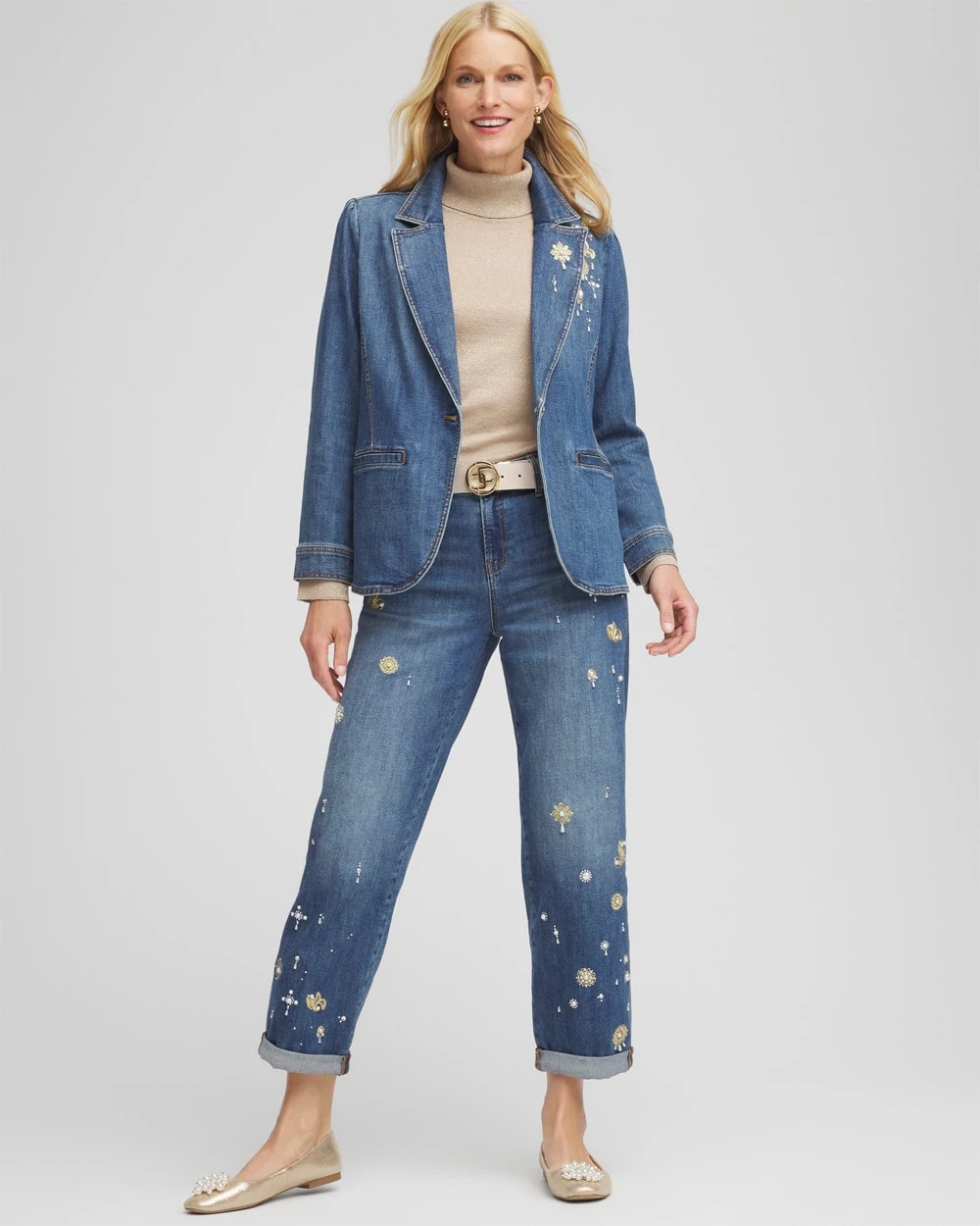 Pearl Brooch Denim Blazer