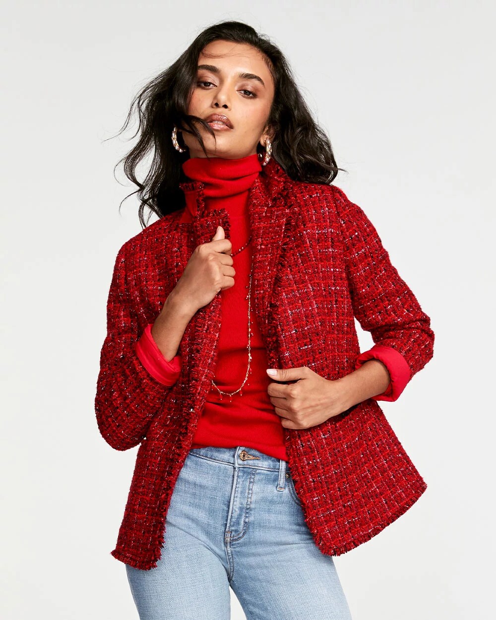 Red Tweed Sequins Blazer