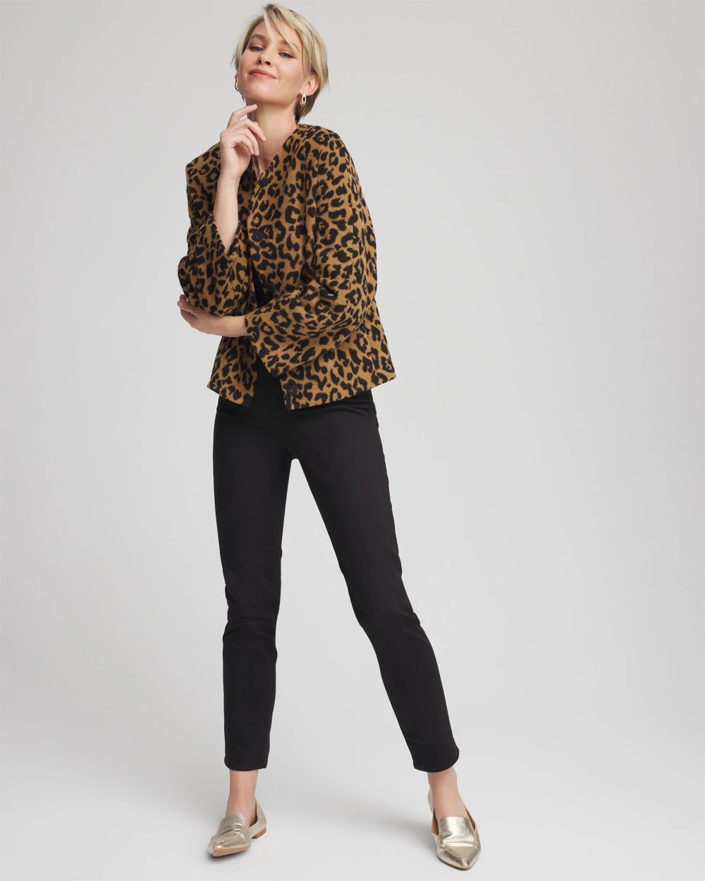 Fuzzy Collarless Animal Print Jacket