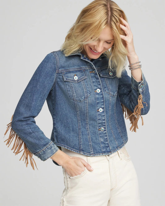 Cropped-Fit Fringe Denim Jacket