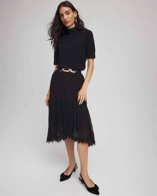 Pleated Lace Hem Midi Skirt