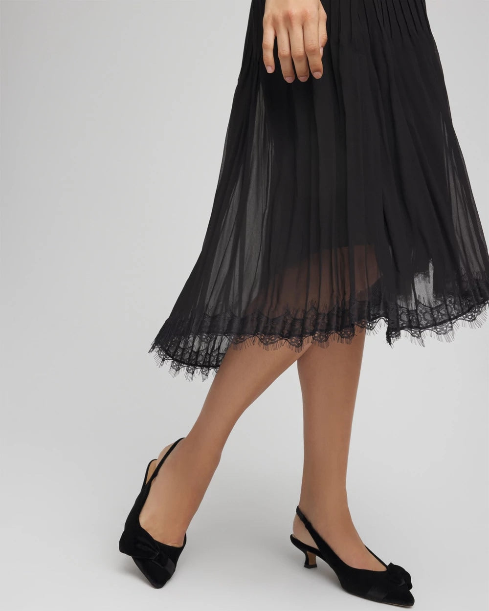 Pleated Lace Hem Midi Skirt