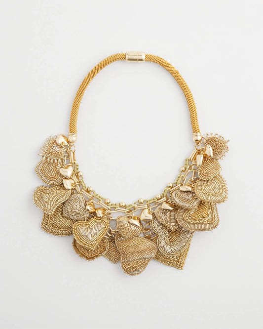 Gold Beaded Heart Charm Bib Necklace