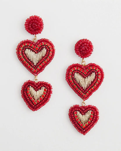Red Beaded Heart Drop Earrings