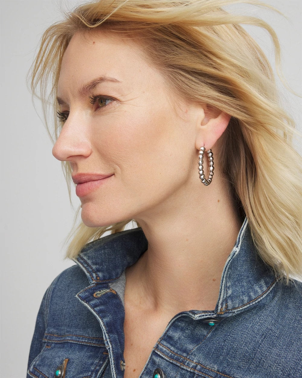 Silvertone Beaded Hoop Earrings