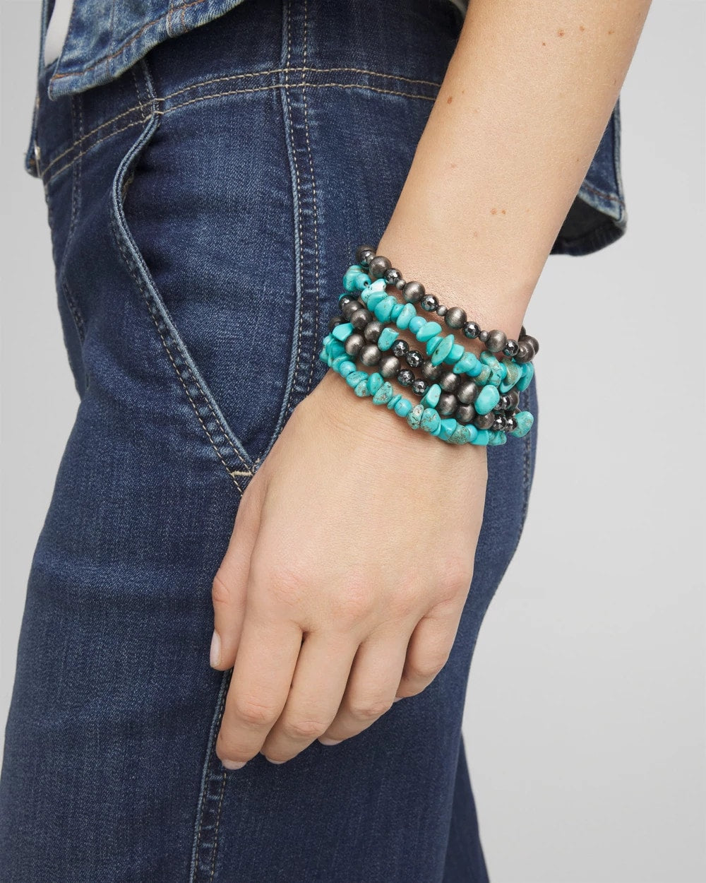Turquoise Stone Stretch Set of Five Beaded Bracelets