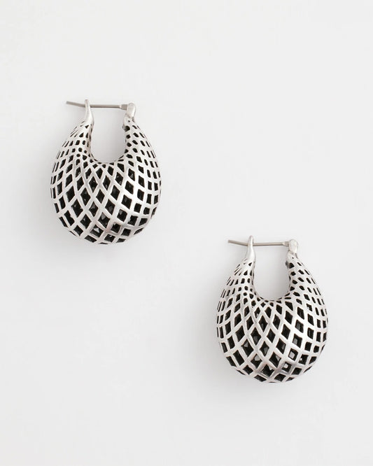 Silver Lattice Puff Hoop Earrings