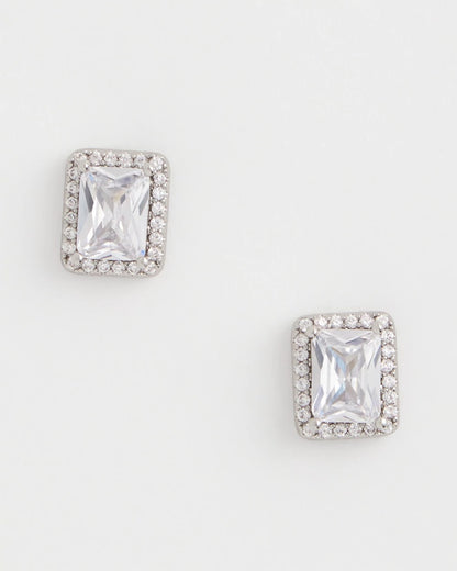 Silver Emerald Cut Stud Earrings