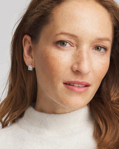 Silver Emerald Cut Stud Earrings