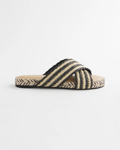 Striped Raffia Cross-Strap Slide Sandal