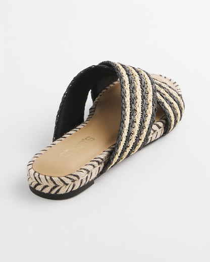 Striped Raffia Cross-Strap Slide Sandal