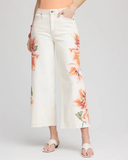 Petite Floral High-Rise Wide-Leg Cropped Jeans
