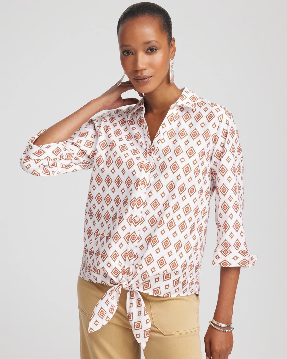No Iron™ Tie-Front Geo-Print Shirt