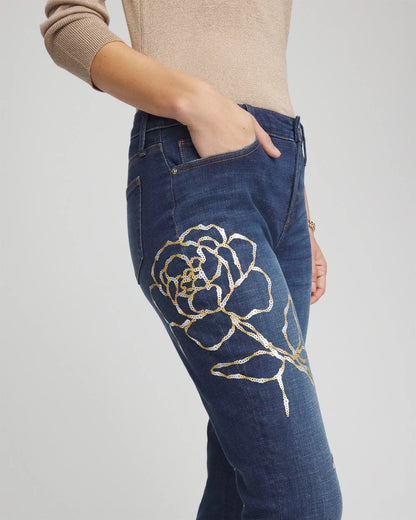 Sequins Rose Girlfriend Slim-Leg Jeans